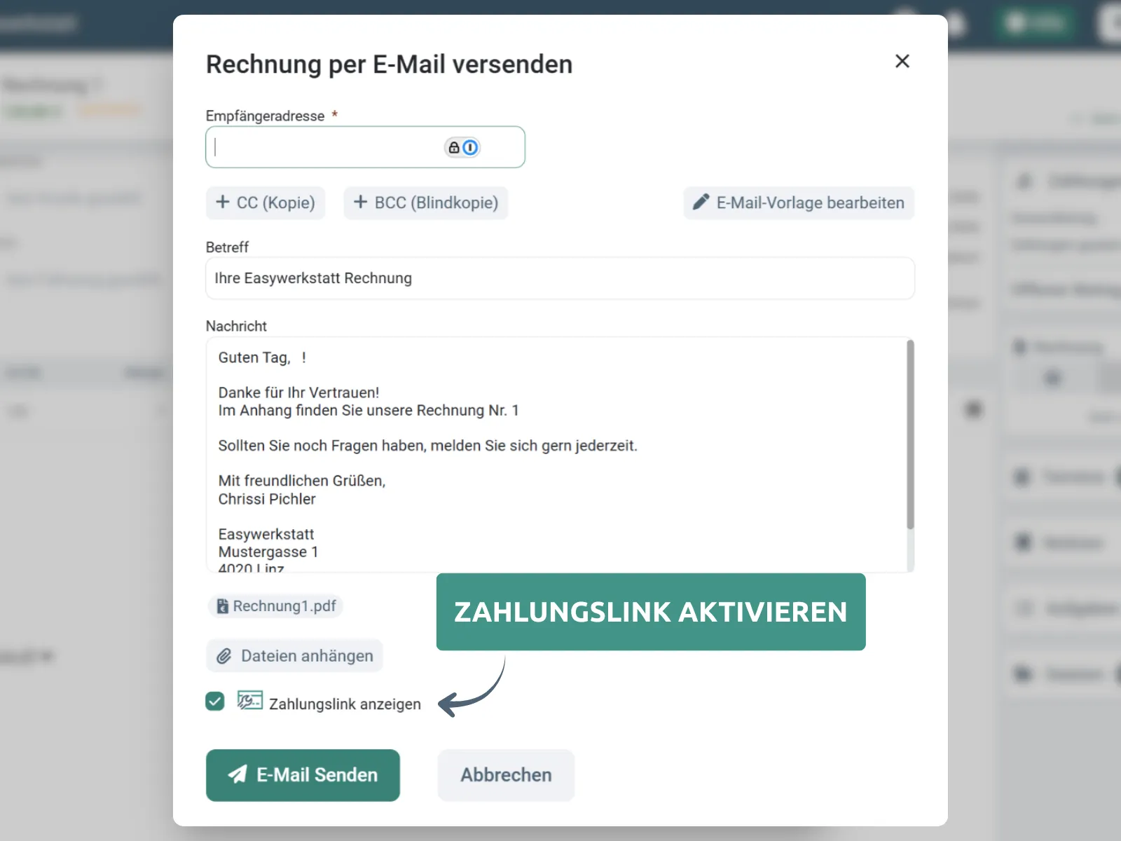 Screenshot: Rechnung per E-Mail versenden mit aktiviertem Zahlungslink in easyWerkstatt