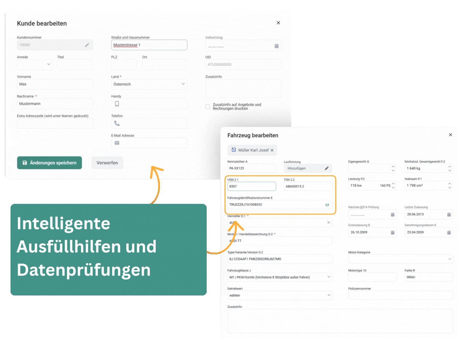 Automatische Ausfüllhilfe ergänzt Ort zur Postleitzahl und prüft E-Mail und Telefonnummer