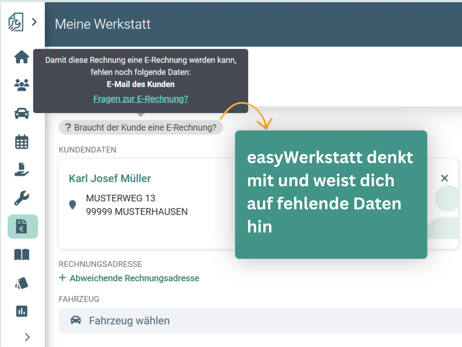 easyWerkstatt weist während der Auftragserstellung auf fehlende Daten für die E-Rechnung hin