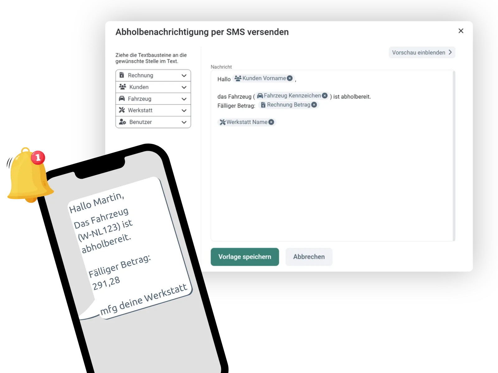 SMS-Abholbenachrichtigung an den Kunden in easyWerkstatt