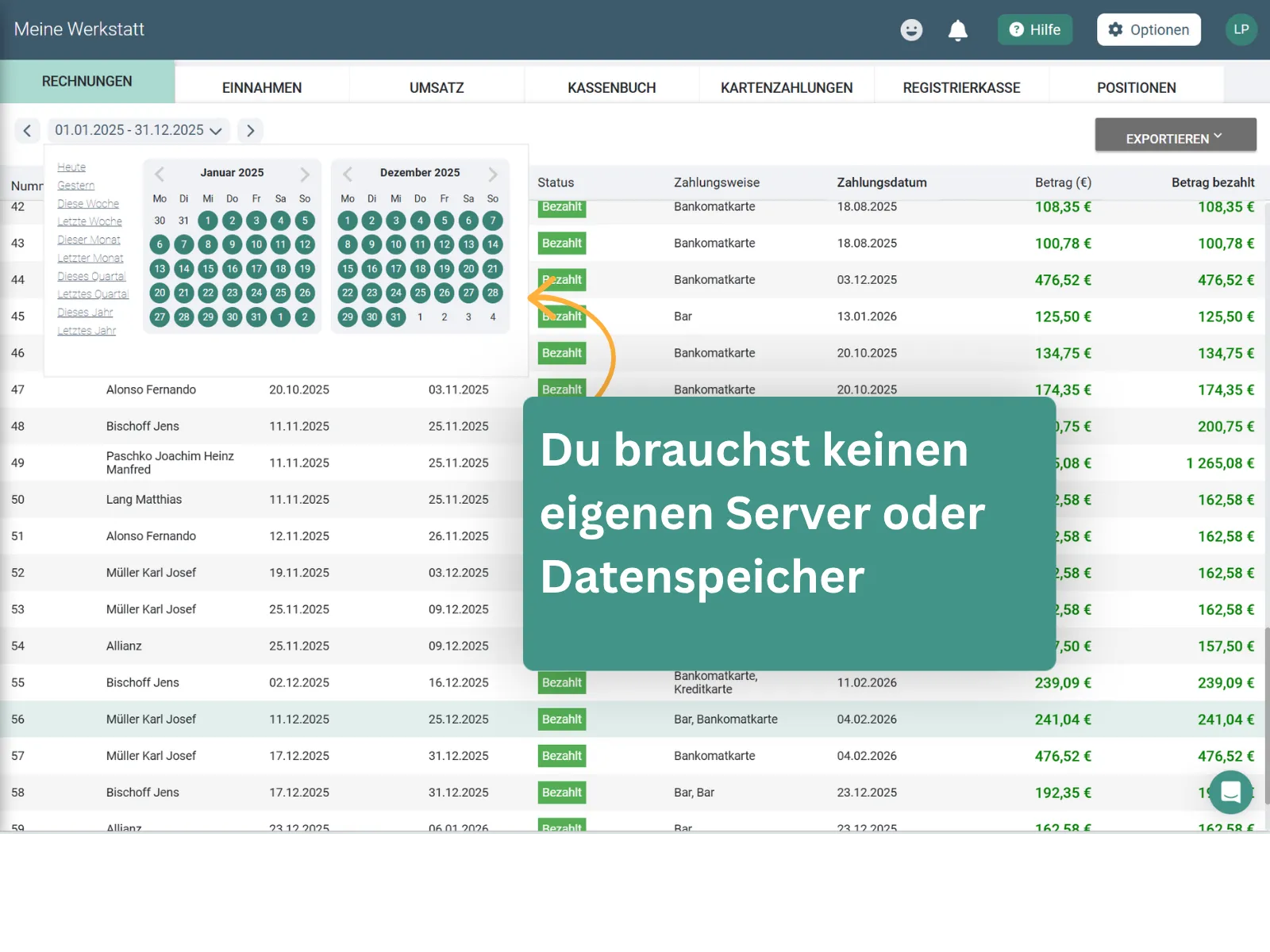 Rechnungen werden automatisch archiviert, kein eigener Server oder Datenspeicher notwendig