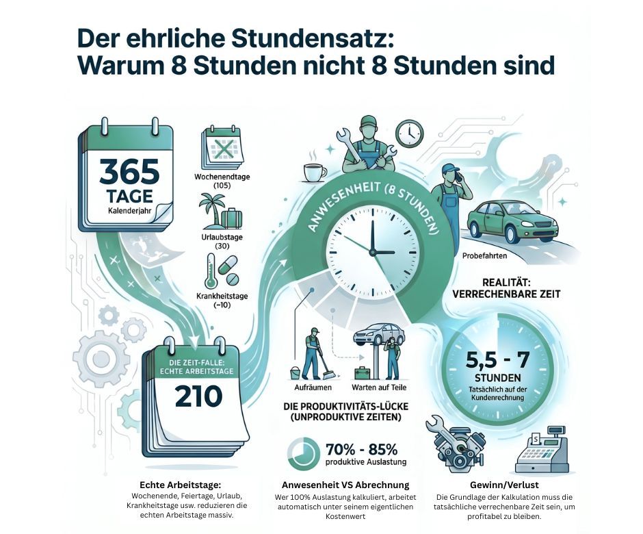 Infografik: Warum 8 Stunden in der Werkstatt nicht 8 verrechenbare Stunden sind